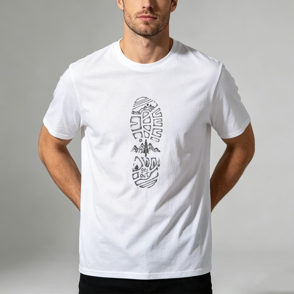 山の風景ブーツプリント Tシャツ ハイキングトレイル 自然愛 - Outdoor Adventure Quotes Short のレビューと価格